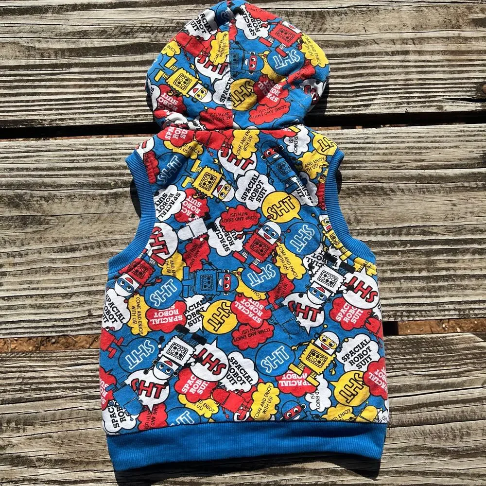 Japanese Robot Print Hooded Vest 2T | Faux Fur Lined Zip Kawaii Cartoon Toddler